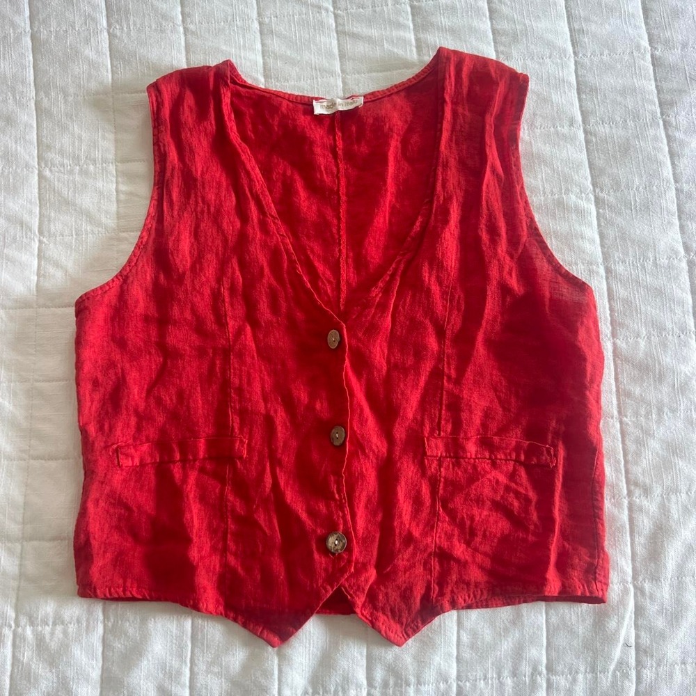Made in Italy Linen Vest Women L Red Faux Pockets Cropped Waistcoat Boho Chic
